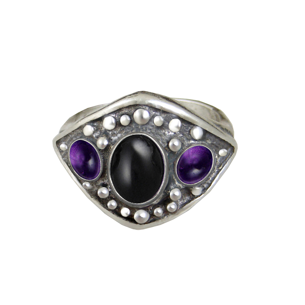 Sterling Silver Medieval Lady's Ring with Black Onyx And Amethyst Size 8